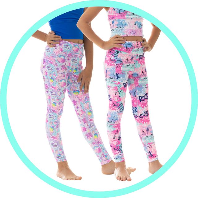 owlete active long tights three quarter length in vibrant colourful bright squat proof kids activewear for cheer gymnastics with pockets