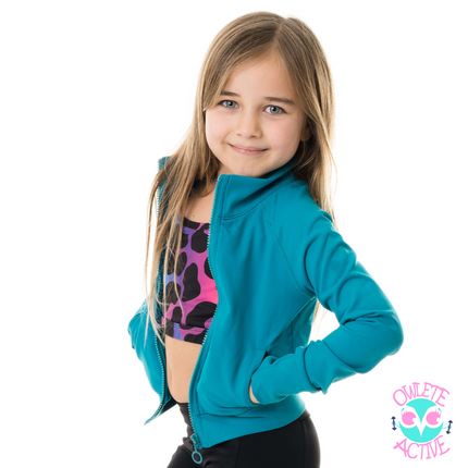teal green gymnastics jacket from owlete active for young girls who love to be active during winter pockets thumb holes full zipper high neck