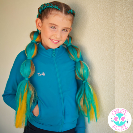 owlete active teal green gym jacket for girls with hidden thumb holes elegant style full torso coverage high quality fabric pockets to keep the hands warm