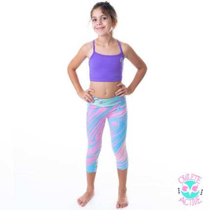 owlete active gymnastics tights and crop tops for girls from sizes four to fourteen fun rainbow paddle pop design