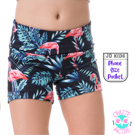 owlete active coral pink flamingo green leaves with black background shorts for gymnastics with better body coverage longer leg great quality and reliability