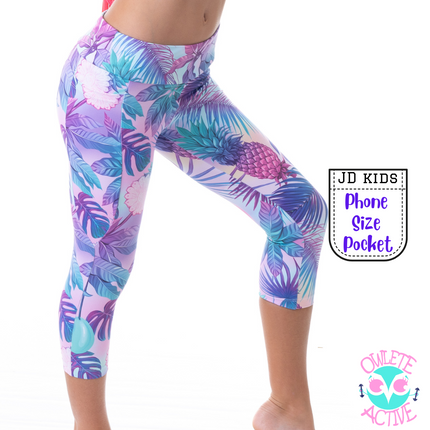 owlete active age appropriate coverage tights with pocket three quarter leggings made from lycra squat proof fabric beautiful pastel tropical design