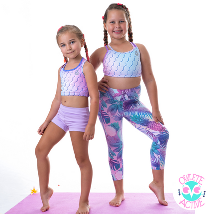 owlete active age appropriate coverage tights with pocket three quarter leggings made from lycra squat proof fabric beautiful pastel tropical design