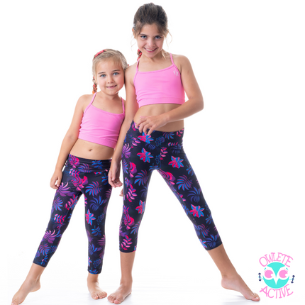 owlete active tights in midnight blue with bright pretty pink colours in a set for girls sportswear
