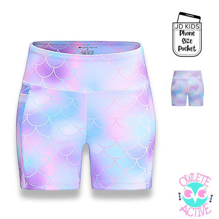 owlete active mermaid print pastel coloured shorts for active young girls who love mermaids