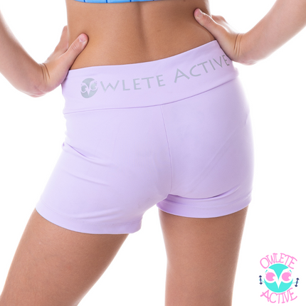 owlete active light purple lilac lavender shorts with longer leg length squat proof great quality kids activewear
