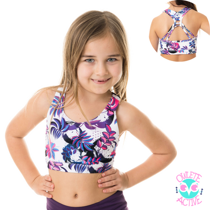 owlete active crop top for girls midnight rainforest purple blue and pink colour and gorgeous strap design