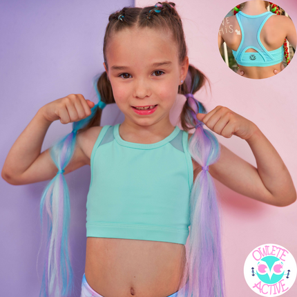 kids active wear crop top in mind green colour with longer body coverage soft comfortable fabric and breathable panels