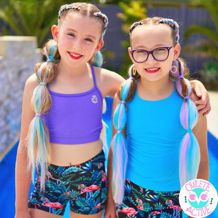 owlete active flamingo shorts in a set with blue singlet for young gymnasts who love colour
