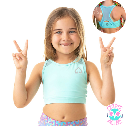 owlete active mint green crop with longer body coverage soft comfortable fabric and breathable panels for gymnasts