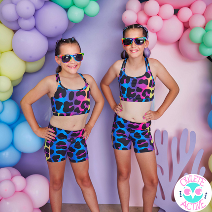owlete active kool leopard spot pattern crop top for girls with better body coverage fun happy rainbow design