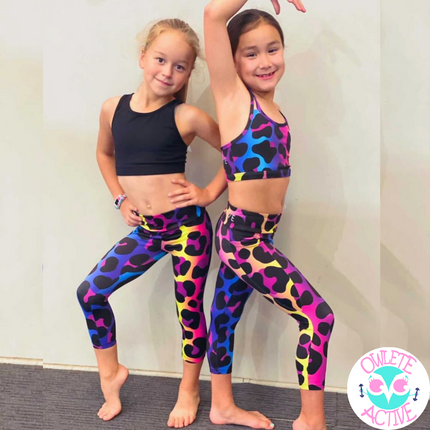 owlete active kids activewear tights pants leggings with tiger spots design rainbow colours