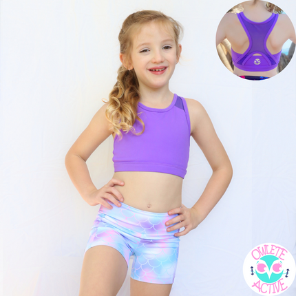 owlete active mermaid shorts and black stevie crop tops in a set for girls