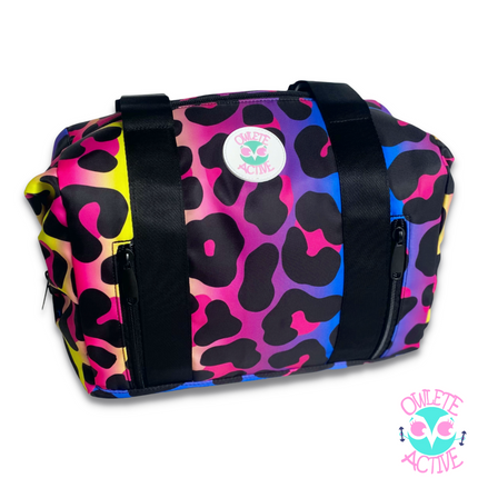 kool leopard print gym bag for girls with rainbow details in pink purple blue yellow black from owlete active great Christmas gift for girls