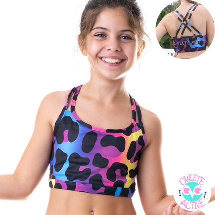 owlete active kids activewear crop top with cross back straps reflective decals and fun bold vibrant colours and tiger print designs