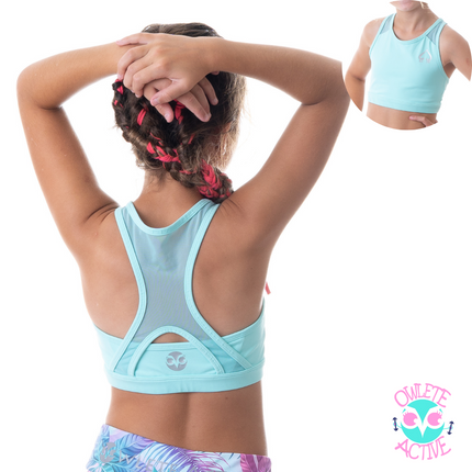 owlete active girls green crop top with breathable panels made by gymnasts for gymnasts best selling crop for kids