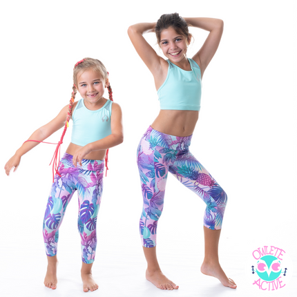 owlete active tropical print tights in a set with green crop top for young sporty girls who love to wear pattern and colour
