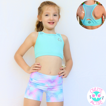 owlete active mermaid print shorts in a set with a green crop top girls who love pastel colours and mermaids