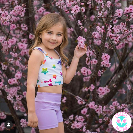 lilac lavender pastel shorts for young girls with better body coverage in a set with crop tops and cherry blossom trees