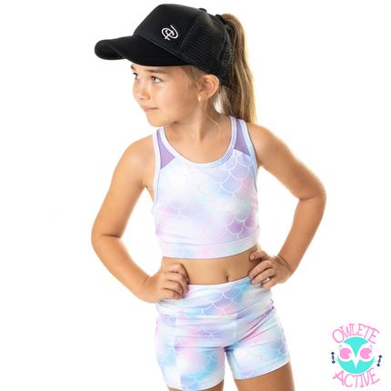 owlete active mermaid crop top in a set with mermaid design shorts for girls gymnastic girls who love mermaids